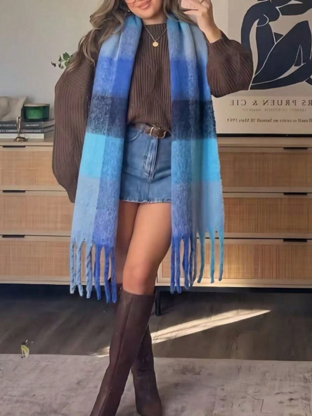 Blue warm cozy Women's Plaid Plush Warm oblong tassel Scarf